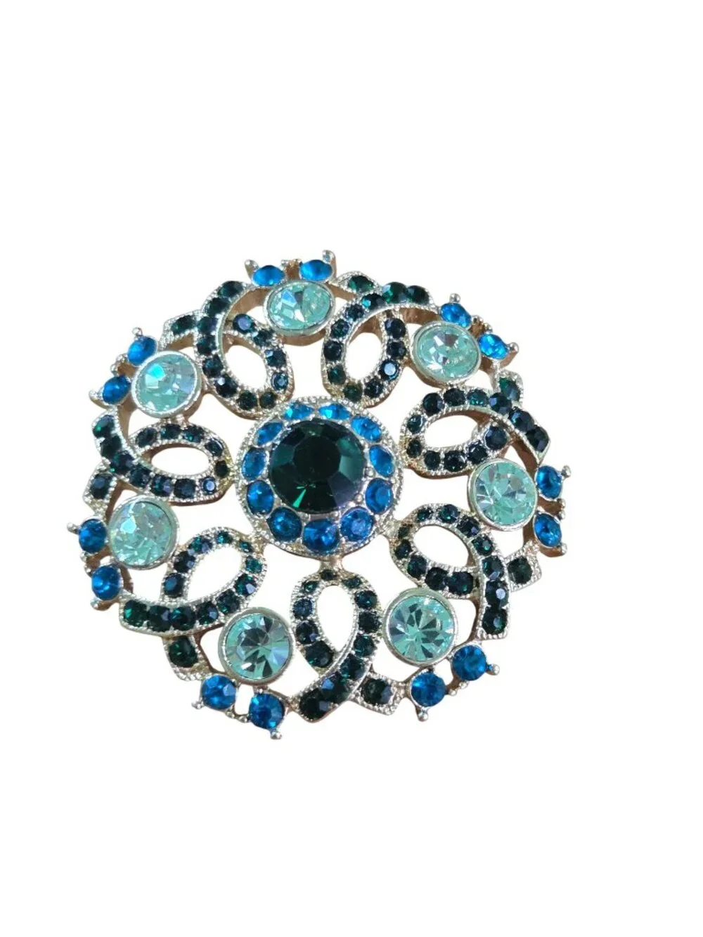Mid Century Vintage Round Jewel Tone Stone Brooch Stunning Costume Jewelry 1.5